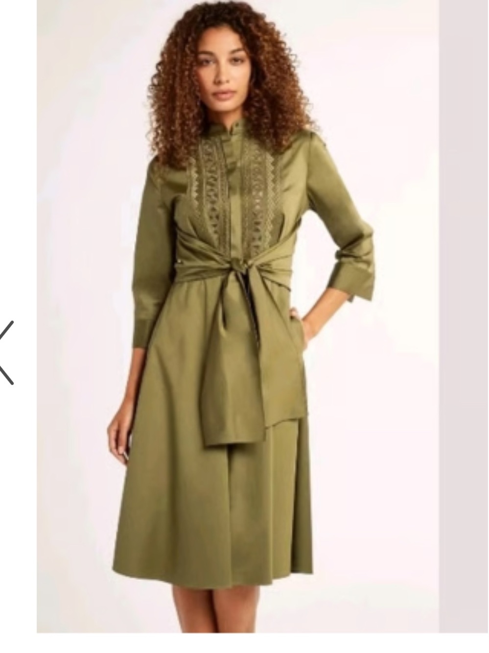 Elie Tahari Ann A-line Sleeve Tie Waist Dress Poplin Olive Green $448